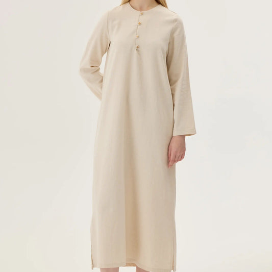 ROBE EN LIN BIOLOGIQUE À BOUTON BOISÉS - BLANC IVOIRE