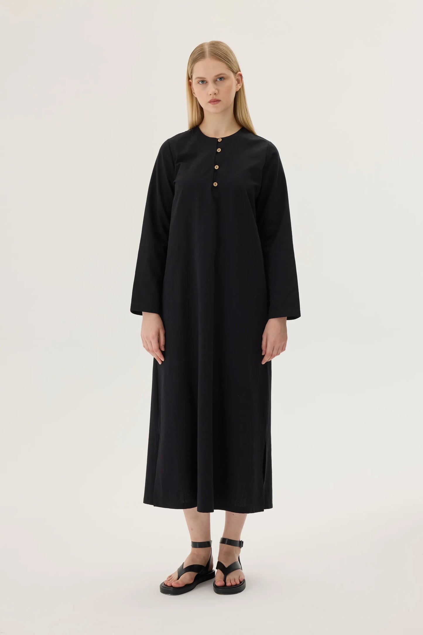 ROBE EN LIN À BOUTONS BOISÉS - NOIRE