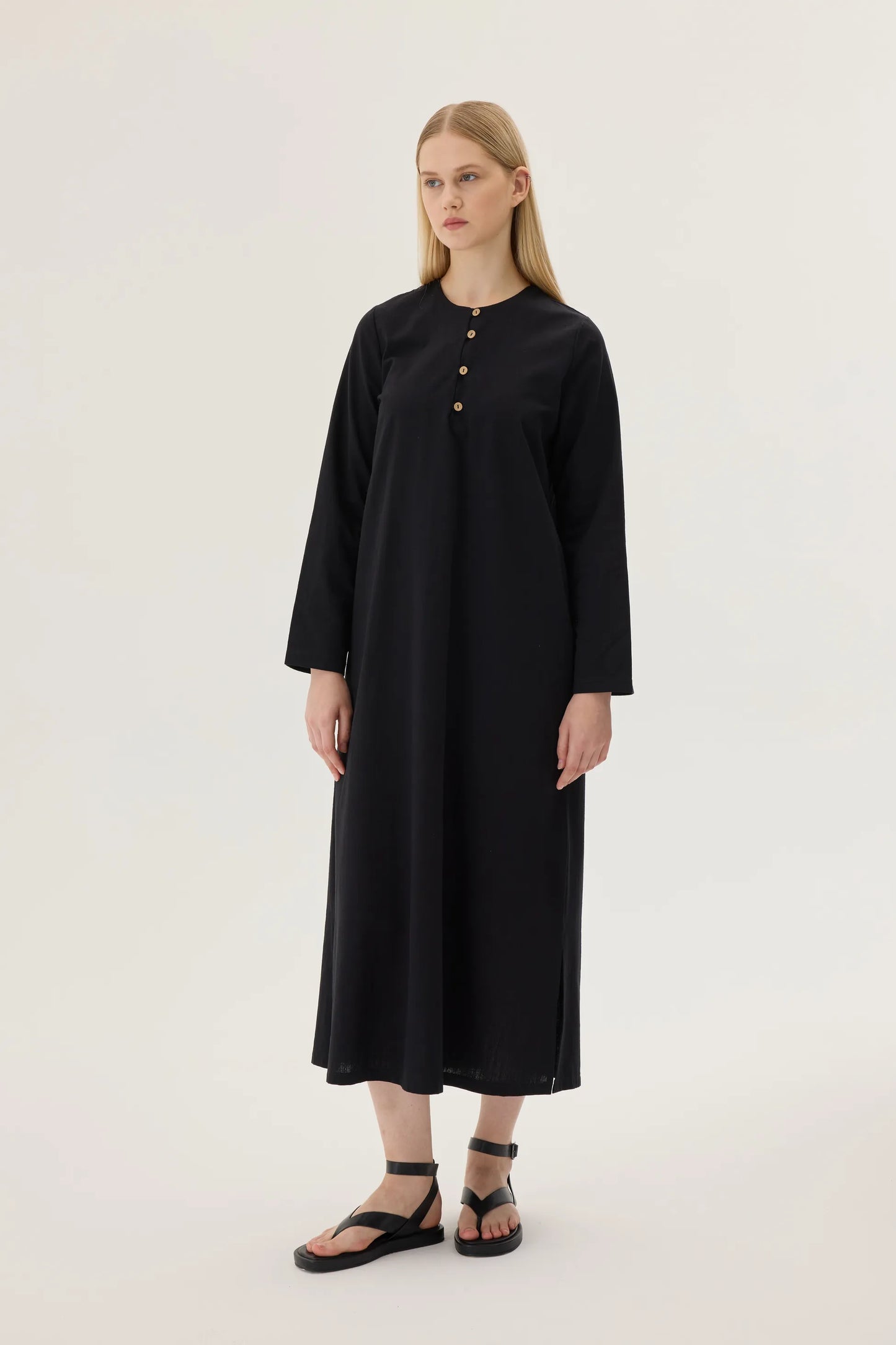 ROBE EN LIN À BOUTONS BOISÉS - NOIRE