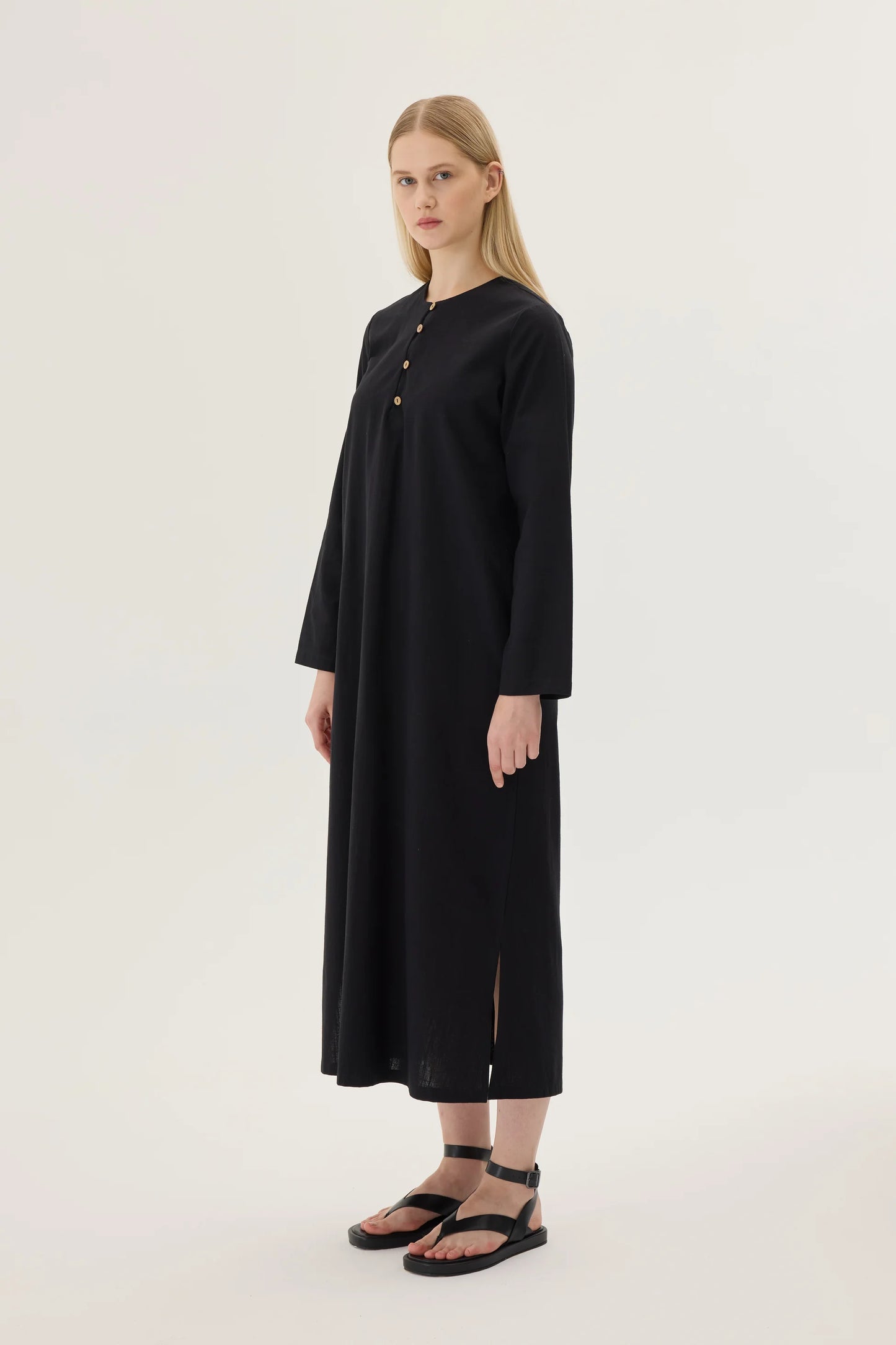 ROBE EN LIN À BOUTONS BOISÉS - NOIRE