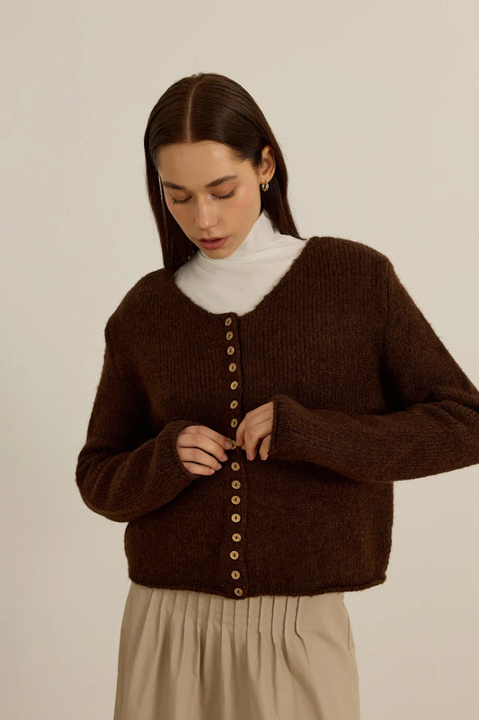 CARDIGAN EN COTON AVEC BOUTONS BOISÉS - BRUN CHAUD