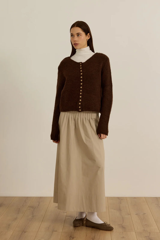 CARDIGAN EN COTON AVEC BOUTONS BOISÉS - BRUN CHAUD
