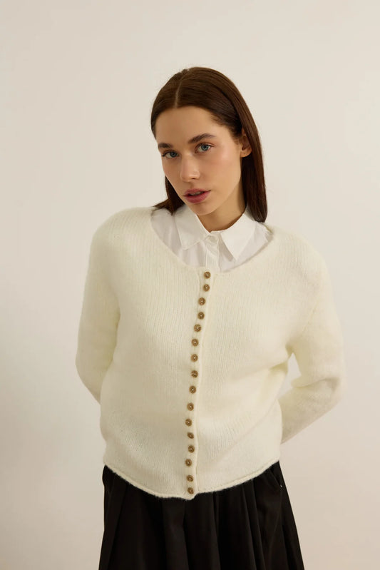CARDIGAN EN COTON AVEC BOUTONS BOISÉS - BLANC OPALE