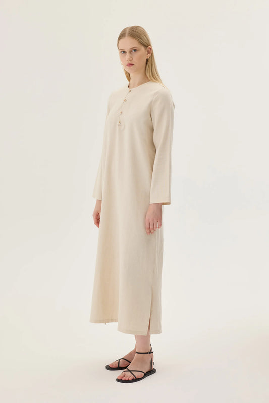 ROBE EN LIN BIOLOGIQUE À BOUTON BOISÉS - BLANC IVOIRE