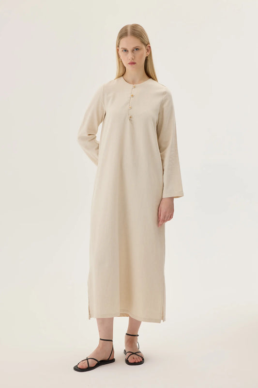 ROBE EN LIN BIOLOGIQUE À BOUTON BOISÉS - BLANC IVOIRE